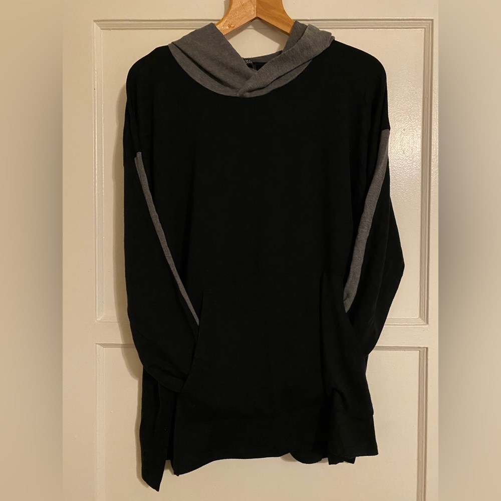 Eileen Fisher light sweatshirt in black with gray sport strips.